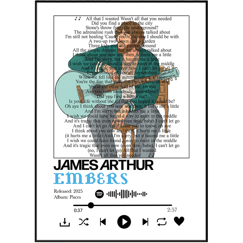 Digital album cover for James Arthur Embers, featuring a white background with a central square graphic containing the song lyrics for 'All That I Wanted' by James Arthur, a teal guitar, and a brown acoustic guitar. Below the graphic, the text reads 'JAMES ARTHUR EMBERS', 'Released: 2025', 'Album: Fices', above a playback control bar with a heart icon.