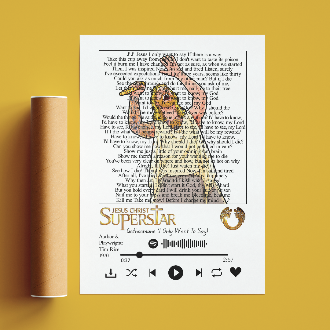 Jesus Christ Superstar lyrics poster — minimalist rock opera musical theatre typographic wall art print UK