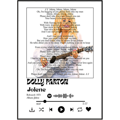 Dolly Parton Jolene song lyric print UK — 1973 country classic music wall art 260gsm printed in England Camden Market