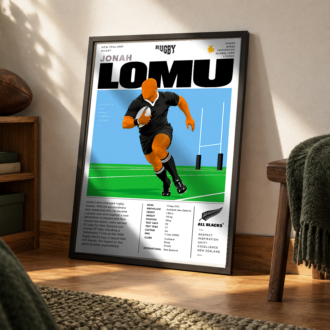 Jonah Lomu All Blacks wing legend rugby poster – iconic wall art by 98types