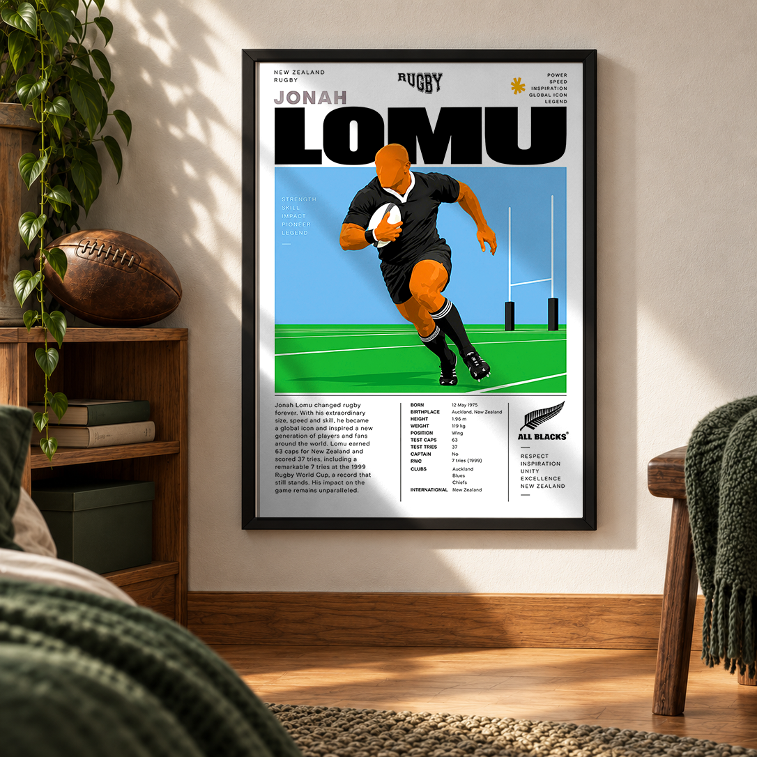 Jonah Lomu All Blacks wing legend rugby poster – iconic wall art by 98types