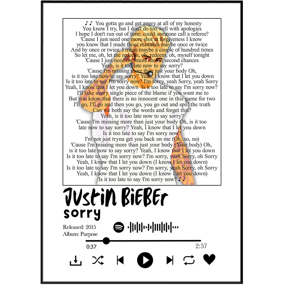 Justin Bieber Sorry song lyric print wall art by 98types