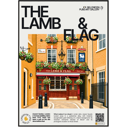 Lamb & Flag poster, Covent Garden, London: small dark pub facade with gold lettering in a cobbled alley - 98 London Pubs Art Gallery by 98 Types