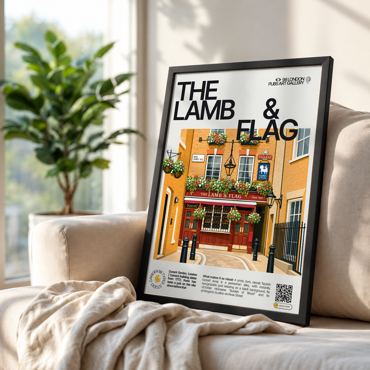 Lamb & Flag poster, Covent Garden, London: small dark pub facade with gold lettering in a cobbled alley - 98 London Pubs Art Gallery by 98 Types
