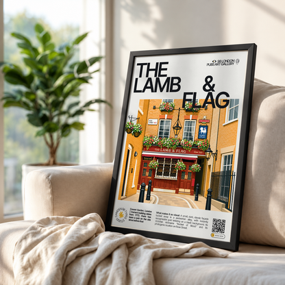 Lamb & Flag poster, Covent Garden, London: small dark pub facade with gold lettering in a cobbled alley - 98 London Pubs Art Gallery by 98 Types