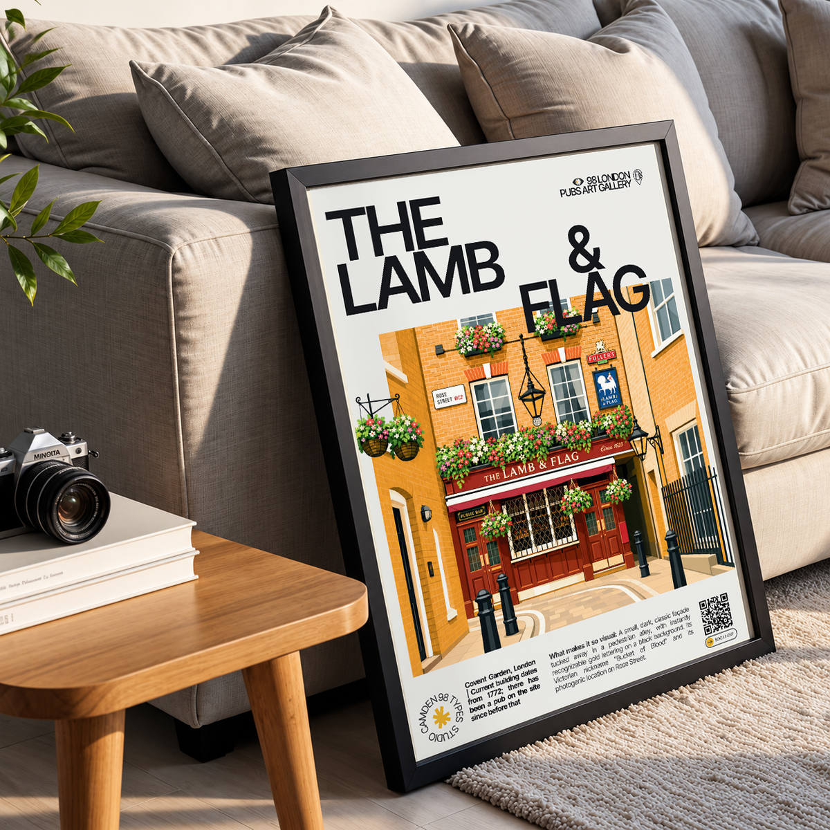 Lamb & Flag poster, Covent Garden, London: small dark pub facade with gold lettering in a cobbled alley - 98 London Pubs Art Gallery by 98 Types