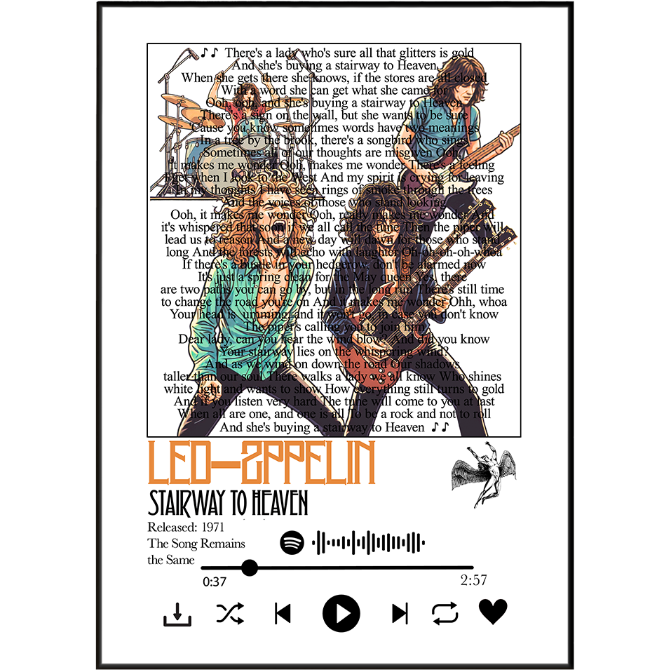 A square graphic print or album-cover style design featuring a collage of illustrated figures and text over a book-page background. Large orange text reads 'LEO-BARRELIN' and 'STAIRWAY TO HEAVEN,' with additional song metadata and playback controls below.