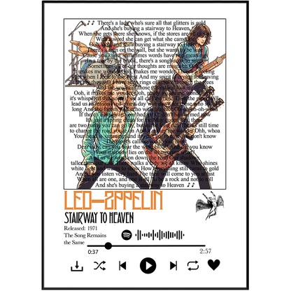 A square graphic print or album-cover style design featuring a collage of illustrated figures and text over a book-page background. Large orange text reads 'LEO-BARRELIN' and 'STAIRWAY TO HEAVEN,' with additional song metadata and playback controls below.