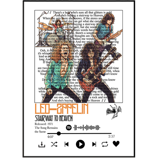 A square graphic print or album-cover style design featuring a collage of illustrated figures and text over a book-page background. Large orange text reads 'LEO-BARRELIN' and 'STAIRWAY TO HEAVEN,' with additional song metadata and playback controls below.