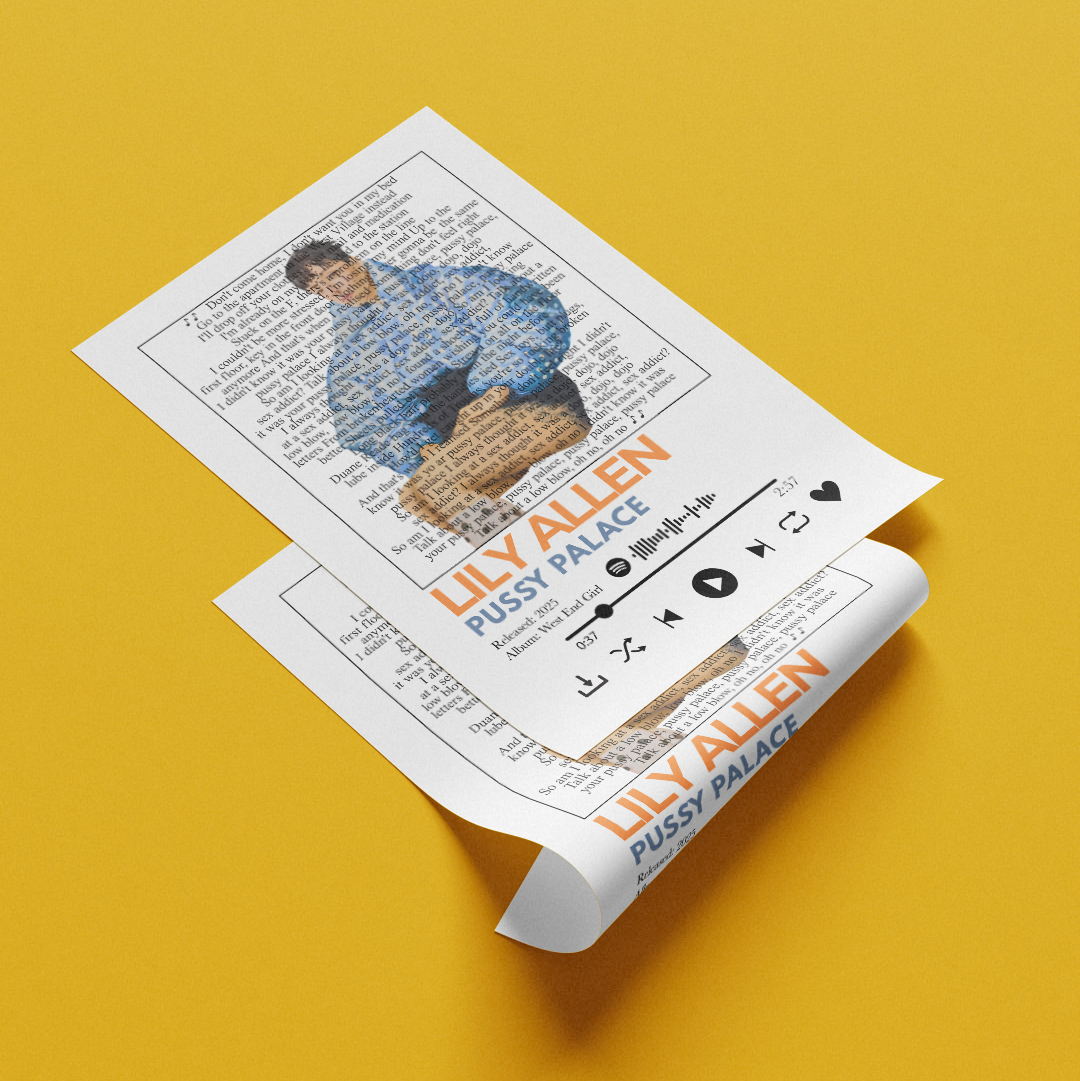 A rolled and flat sheet of white printed material featuring a black-and-white photo of a person in a blue shirt over dense text, with orange 'LILY ALLEN' and 'PUSS PALACE' text, displayed on a solid yellow background.