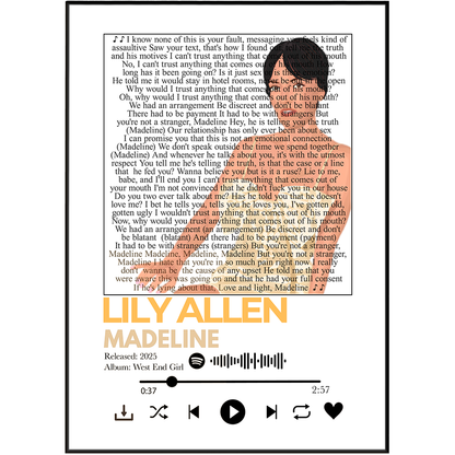 A digital album cover for 'LUV MADLINE' by West End Girl, featuring a black background with a white text log, a portrait of Madison Ellis, and Spotify branding.