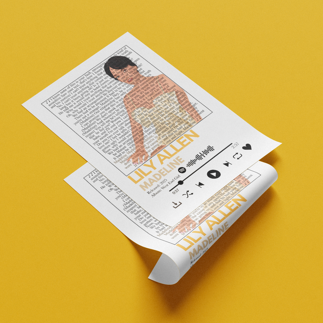 Two printed paper sheets with a stylized portrait of Lily Allen and song text, arranged on a solid yellow background. One sheet is flat and the other is partially curled at the bottom right.