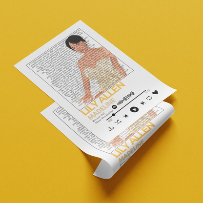 Two printed paper sheets with a stylized portrait of Lily Allen and song text, arranged on a solid yellow background. One sheet is flat and the other is partially curled at the bottom right.