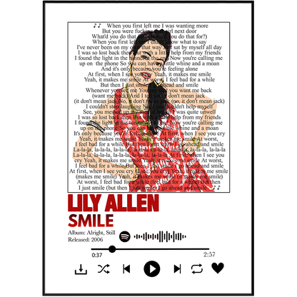 A music album cover for Lily Allen's 'Smile', featuring a black background with white song lyrics, a central portrait of the artist, and red title text. The design is framed by a white border with a minimalist music player interface at the bottom.