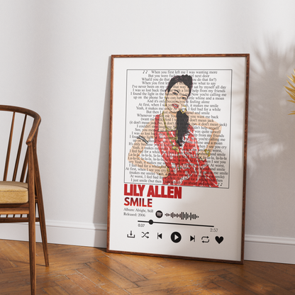 A framed art print featuring a stylized portrait of Lily Allen from The Nightmare Before Christmas, composed of book text and song lyrics, leaning against a white wall on a wooden floor next to a wooden chair.
