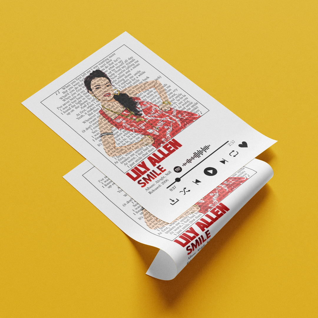 Two printed posters or art prints laid on a bright yellow background, one flat and one partially rolled. The artwork features a stylized portrait of a woman in a red dress with the text 'LIV ALLEN' and 'SMILE' integrated into the design.
