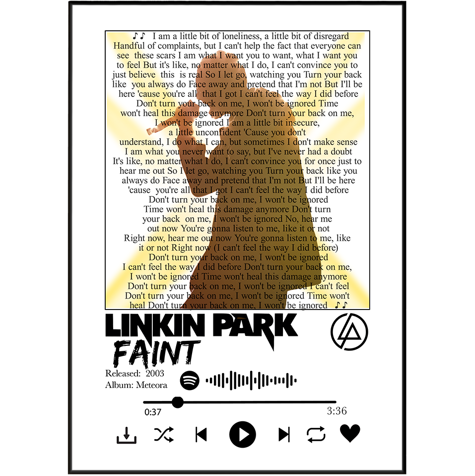 A square album cover for Linkin Park's 'Faint' on a black background, featuring a large pale yellow text box centered with the song lyrics, the band name and album title in bold black, and playback icons along the bottom.