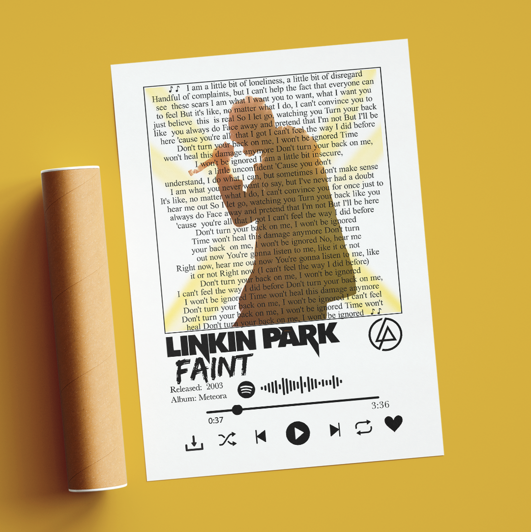 A rectangular printed card or poster featuring the Linkin Park 'Faint' album artwork, including song lyrics, the band name, release details, and playback controls, displayed against a warm gold background.