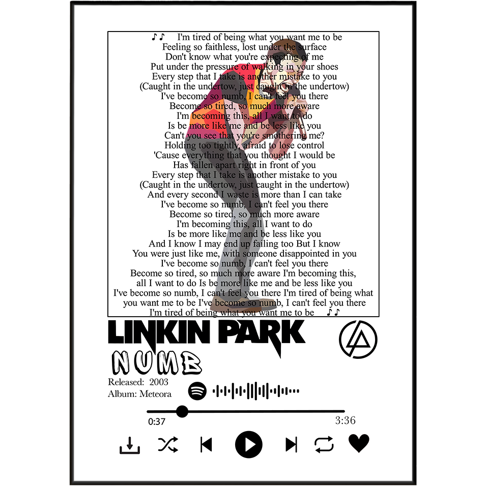 A square album art cover for Linilapark's 'Numb' from the album 'Mecena', featuring the song's lyrics and track information on a white background with black text and graphics.