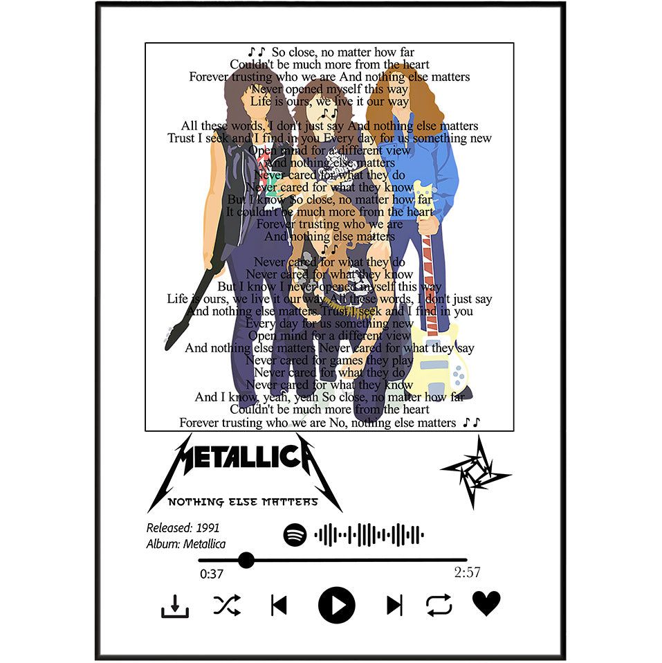 A square graphic print featuring the Metallica 'Nothing Else Matters' album artwork, including the band logo, album title, lyrics, a stylized guitar illustration, album release details, and music player interface icons on a white background.