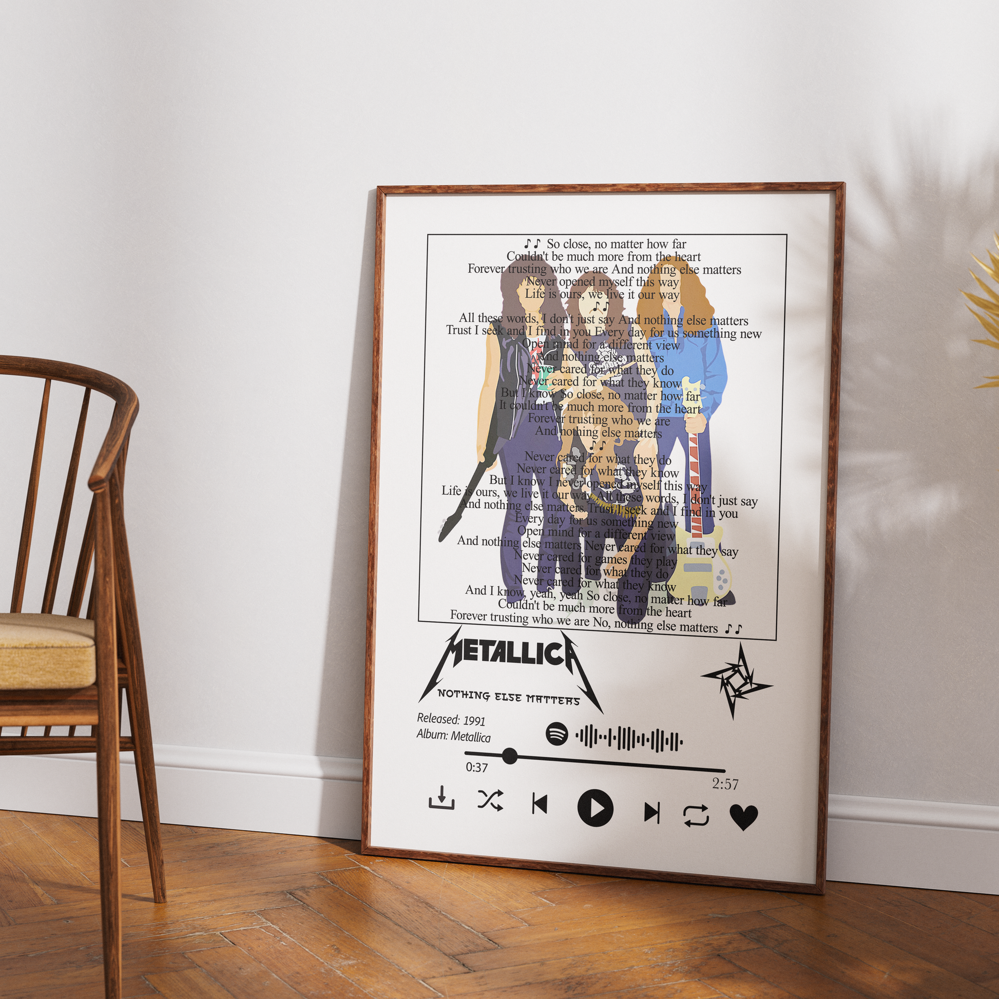 A framed Metallica 'Nothing Else Matters' art print leaning against a white wall on a wooden floor, next to a wooden chair.