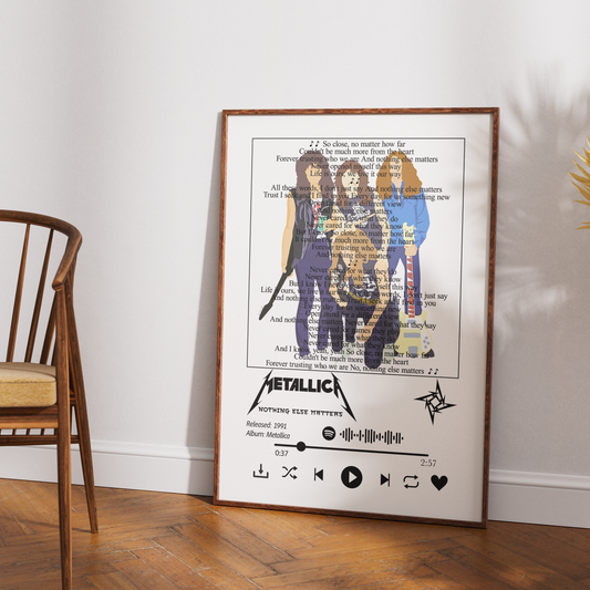 A framed Metallica 'Nothing Else Matters' art print leaning against a white wall on a wooden floor, next to a wooden chair.