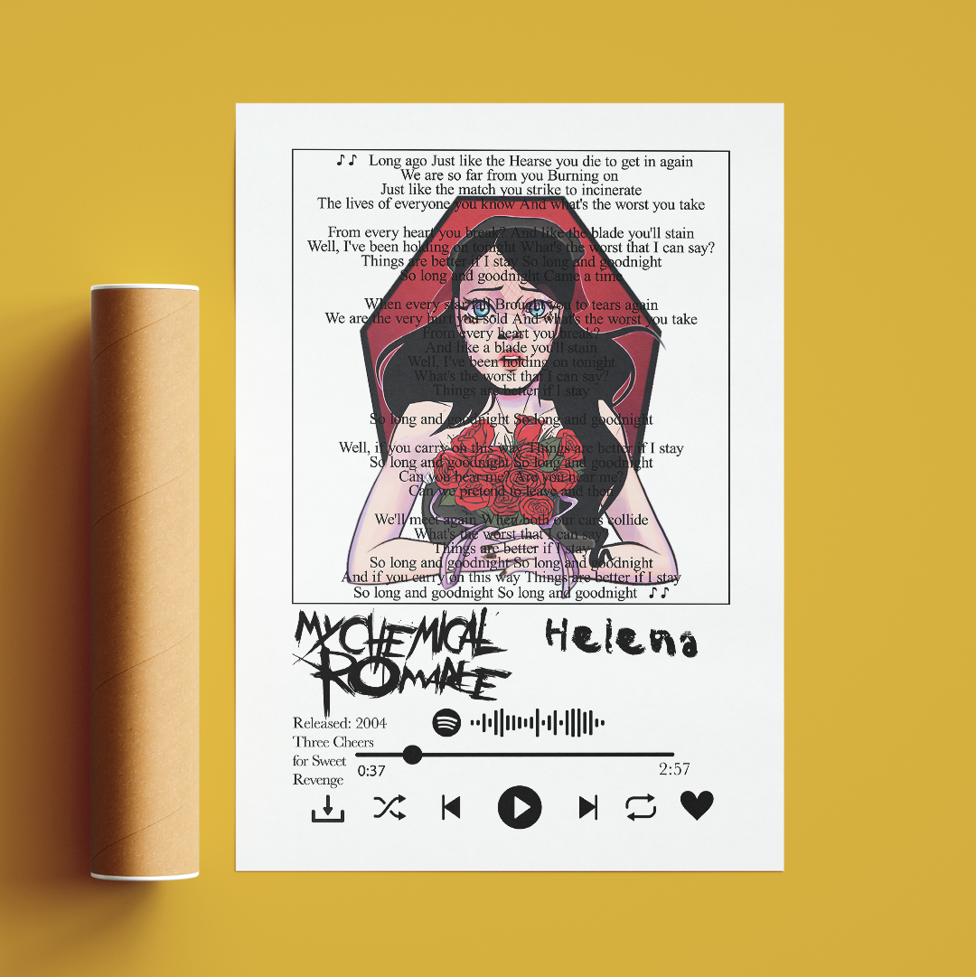 My Chemical Romance Helena lyrics poster — minimalist emo rock typographic wall art print UK