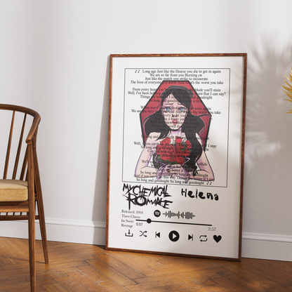 My Chemical Romance Helena lyrics poster — minimalist emo rock typographic wall art print UK