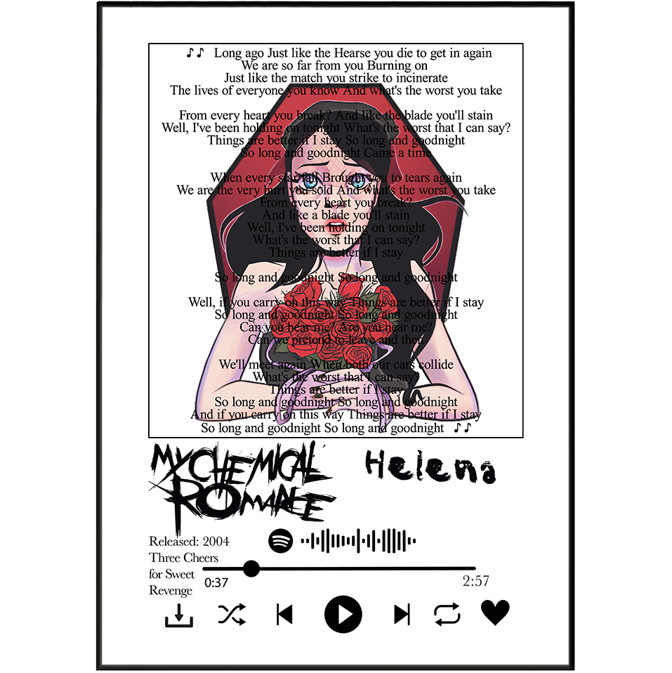 My Chemical Romance Helena lyrics poster — minimalist emo rock typographic wall art print UK