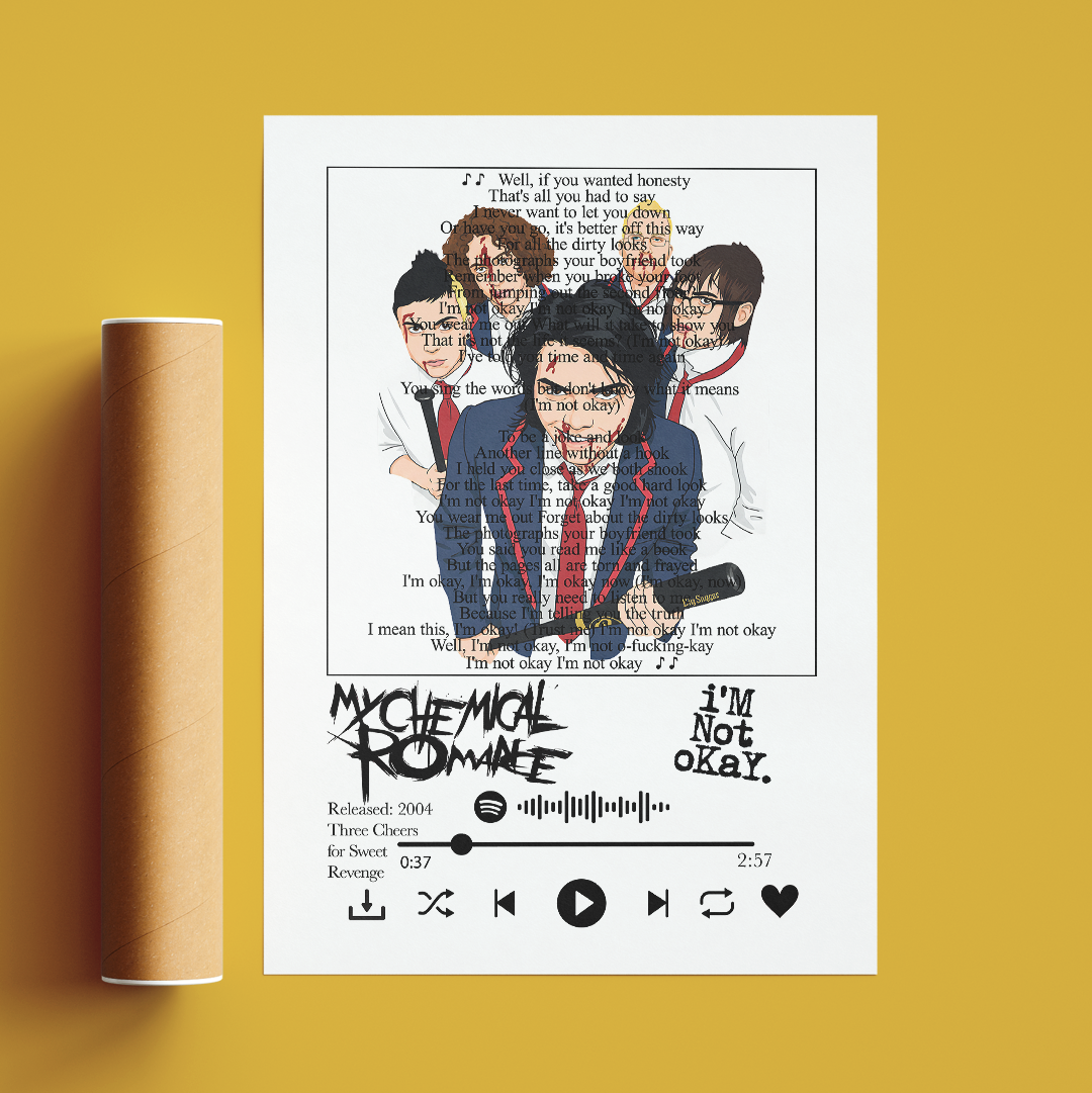 A printed poster or art print featuring an illustrated band portrait with text and music-player style icons, displayed on a yellow background next to a brown cardboard mailing tube.