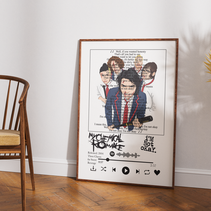 A framed art print featuring an illustrated portrait of Richard Ramirez with text and music player graphics, leaning against a white wall on a wooden floor next to a wooden chair.