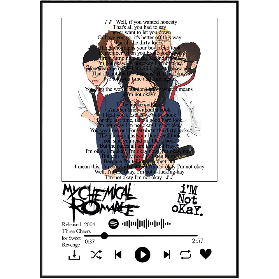 A framed art print featuring an illustration of the band My Chemical Romance with their song 'I'm Not Okay' overlaid with book page text. The bottom of the print includes a Spotify-style player graphic with the band's name, release year, track details, and playback icons.