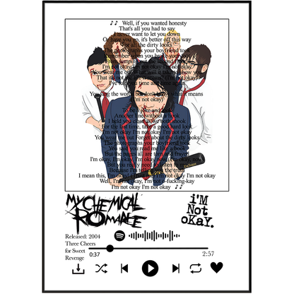 A framed art print featuring an illustration of the band My Chemical Romance with their song 'I'm Not Okay' overlaid with book page text. The bottom of the print includes a Spotify-style player graphic with the band's name, release year, track details, and playback icons.