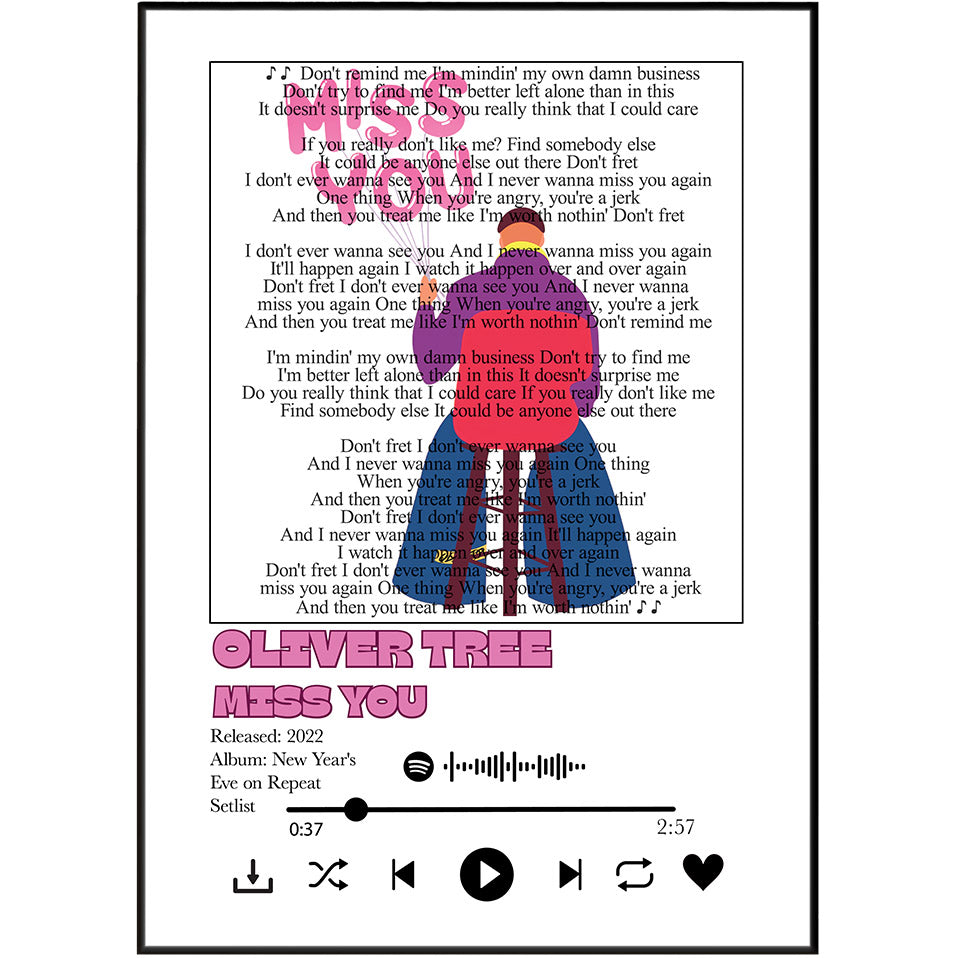 Oliver Tree Miss You lyrics poster — minimalist alternative pop typographic wall art print UK