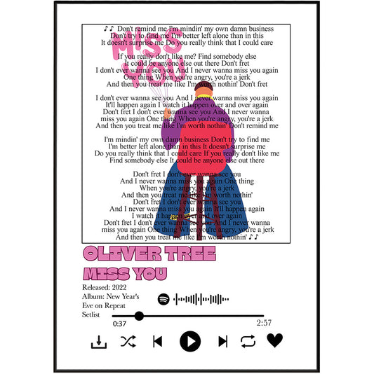Oliver Tree Miss You lyrics poster — minimalist alternative pop typographic wall art print UK