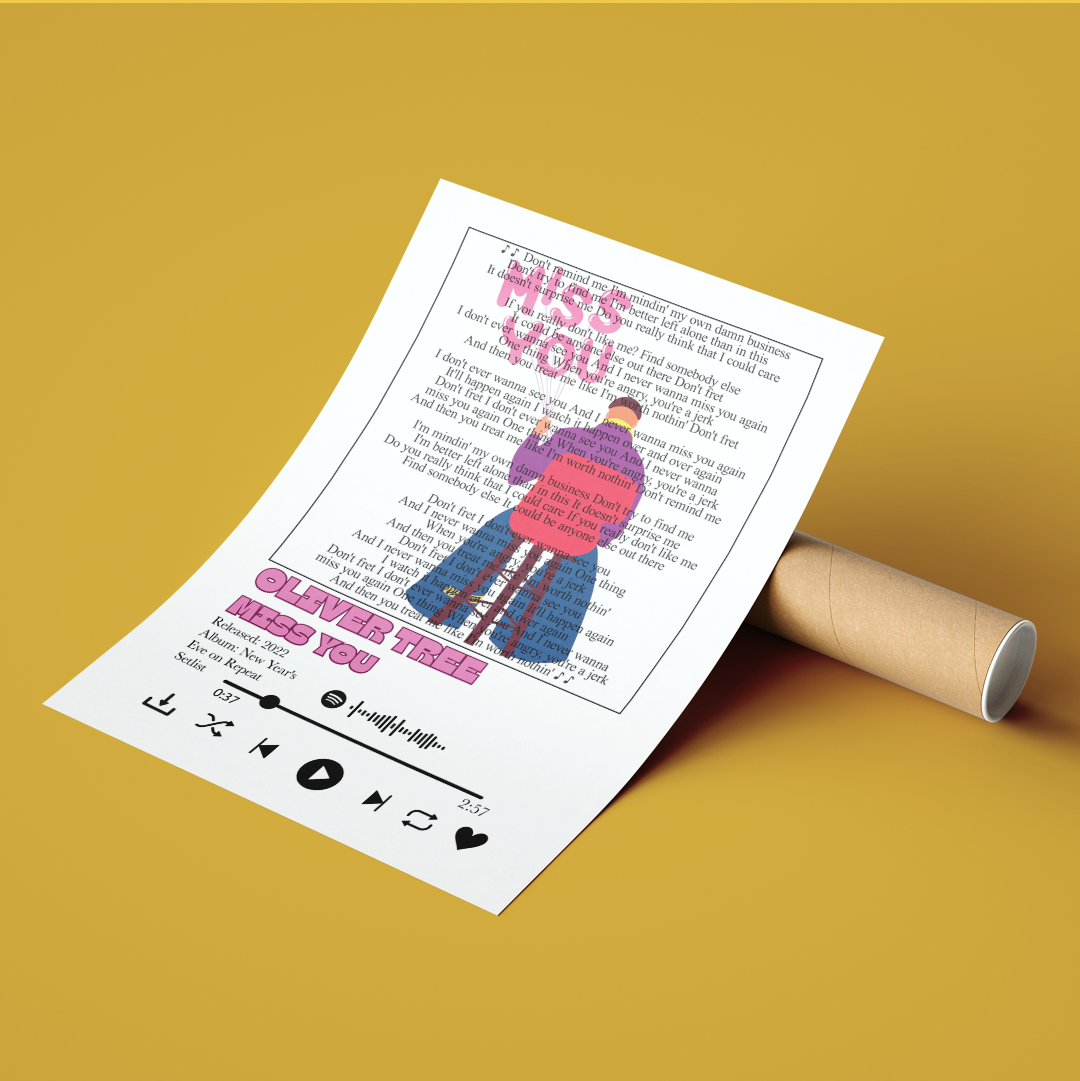 Oliver Tree Miss You lyrics poster — minimalist alternative pop typographic wall art print UK