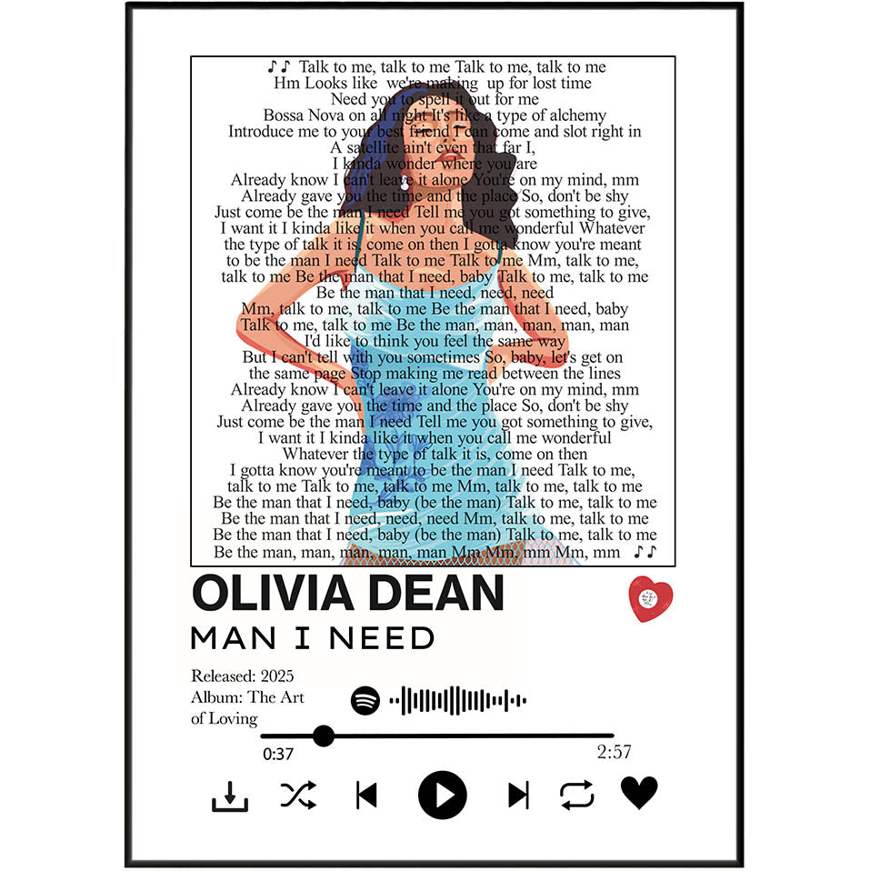A digital album cover for Olivia Dean's 'Man I Need' from 'The Art of Loving' album, featuring a black background with white text, a central white square containing the song lyrics, and a red heart icon on the right.