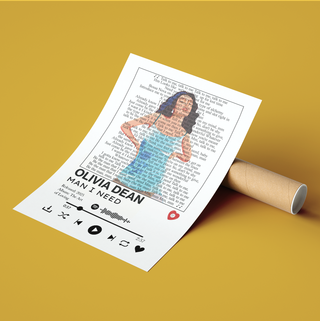 Olivia Dean Man I Need lyrics poster — minimalist British soul pop typographic wall art print UK