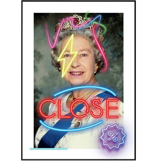 Queen Elizabeth II photo neon art poster — bold pop art portrait royal neon colours wall decoration UK
