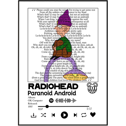 Radiohead Paranoid Android song lyric print wall art UK music poster
