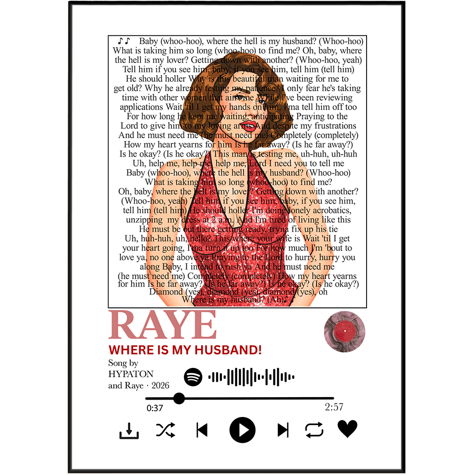 A square digital cover art design for a music track titled 'WHERE IS MY HUSBAND!' by Raye, featuring a white background with a large black typewriter frame, printed text resembling a book page, a red illustrated face in the center, and a small circular photo of the artist on the right.