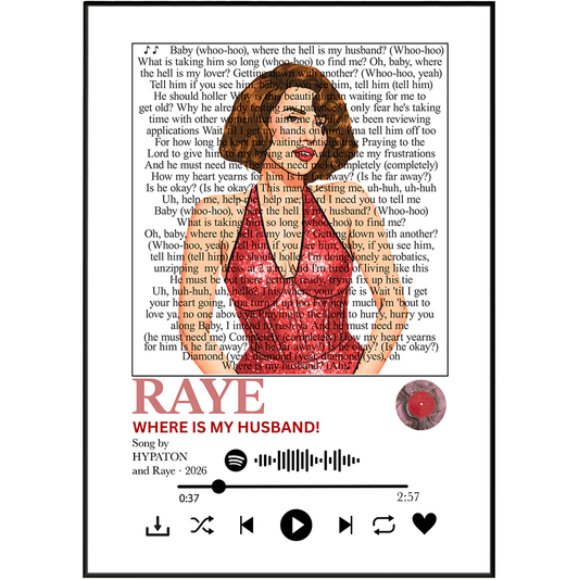 A square digital cover art design for a music track titled 'WHERE IS MY HUSBAND!' by Raye, featuring a white background with a large black typewriter frame, printed text resembling a book page, a red illustrated face in the center, and a small circular photo of the artist on the right.