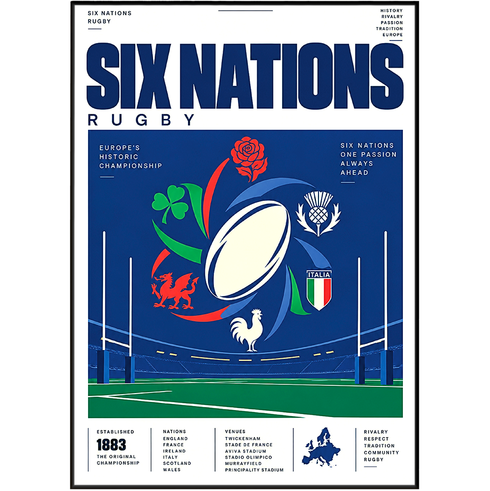 A framed poster print featuring vintage-style Six Nations Rugby graphic artwork with the title 'SIX NATIONS RUGBY' in large navy text, a central rugby ball, national emblem illustrations, and a blue field background.