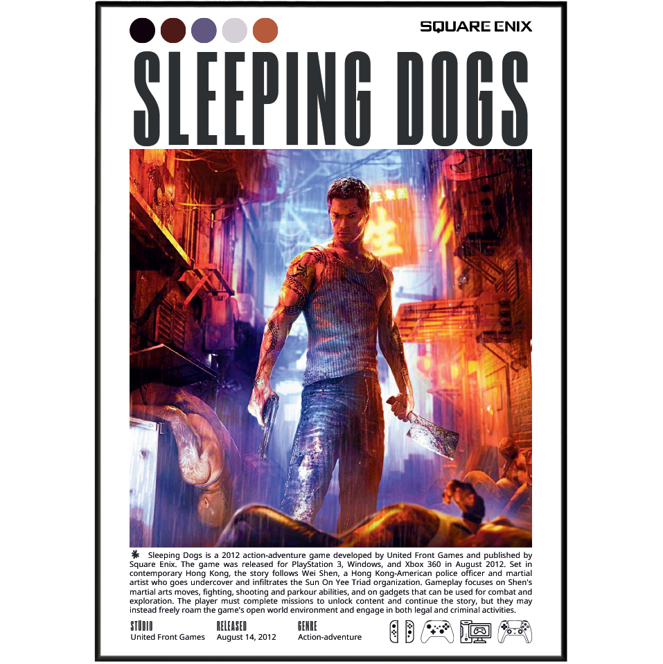 Sleeping Dogs 2012 action adventure poster — Wei Shen Hong Kong Triad undercover martial arts wall art print UK
