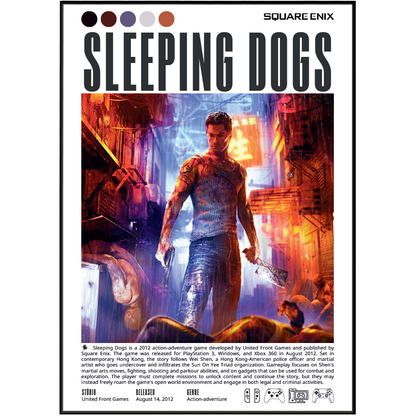 Sleeping Dogs 2012 action adventure poster — Wei Shen Hong Kong Triad undercover martial arts wall art print UK
