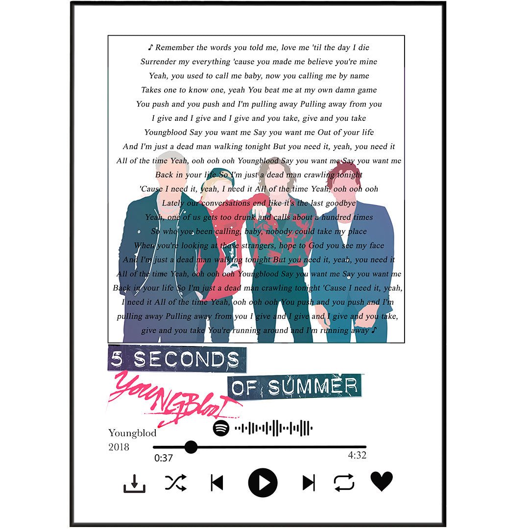 5 Seconds of Summer - Youngblood lyrics Prints - 98typessong lyric prints