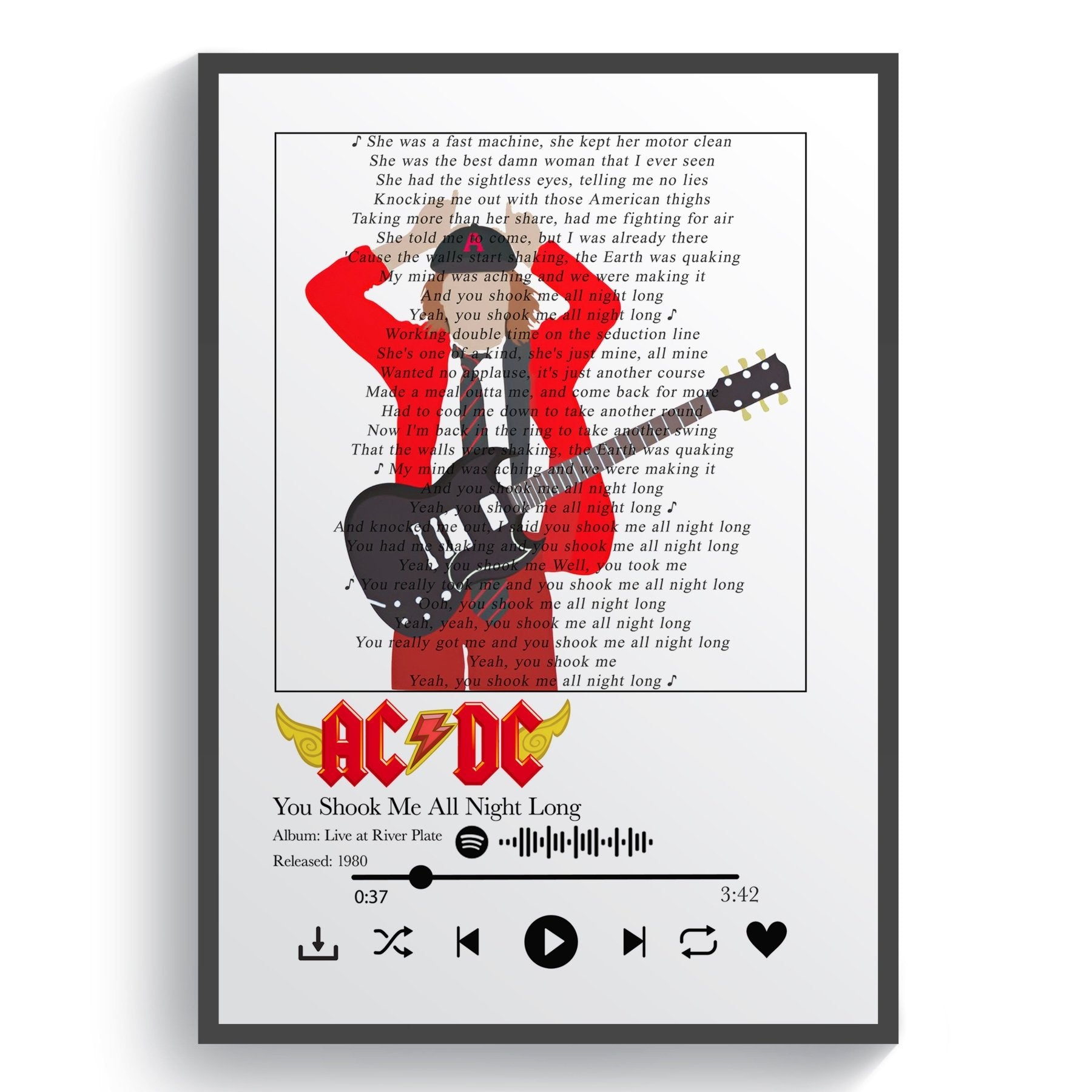 AC DC - You Shook Me All Night Long Lyric Posters - 98typessong lyric prints