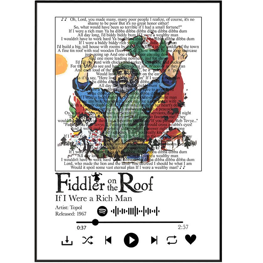 Fiddler on the Roof - If i were a rich man lyrics Prints - 98typessong lyric prints