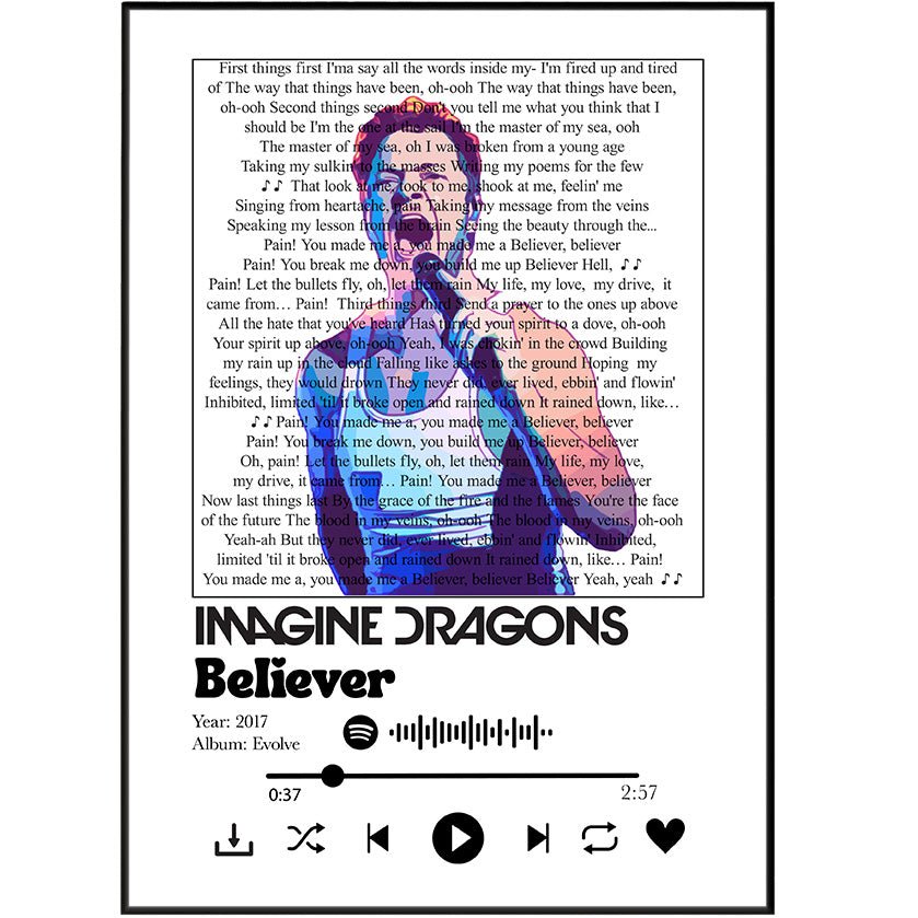 Imagine Dragons - Believer lyrics Prints - 98typessong lyric prints