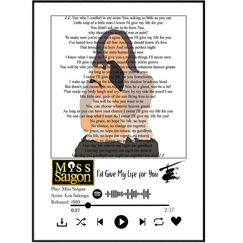 Miss Saigon - I'd Give My Life for You lyrics Prints - 98typessong lyric prints